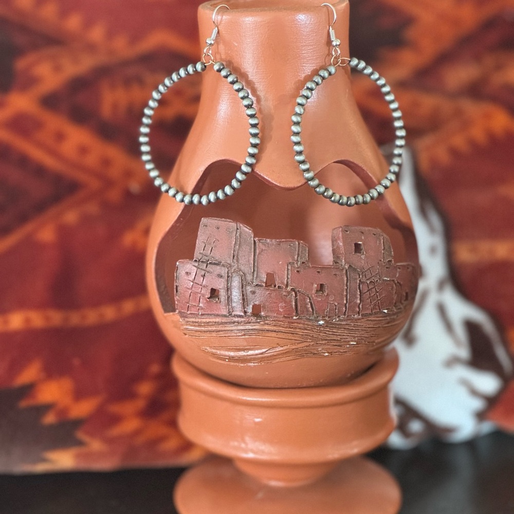 Silver Hand Beaded Navajo Pearl Hoop Earrings